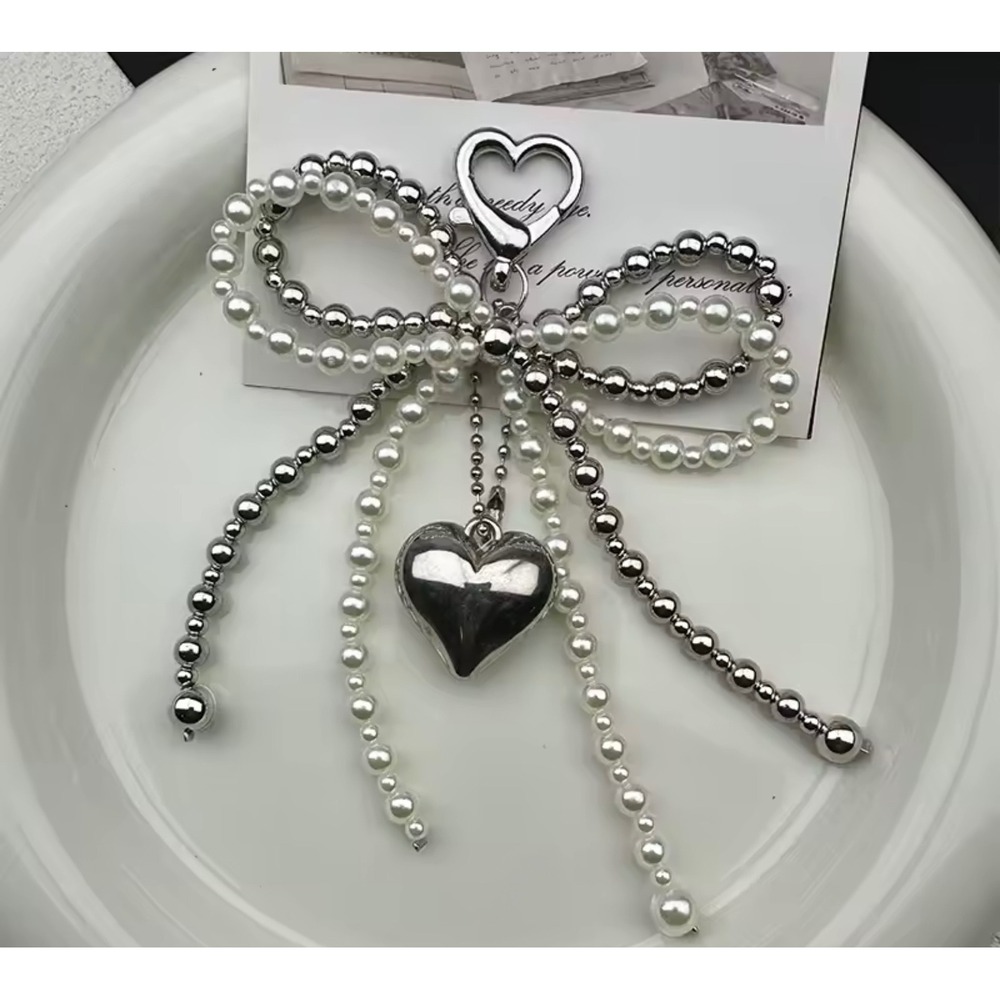Silver Beaded Bow Keychain Heart Charm Faux Pearl Coquette Bag Charm Y2K Style